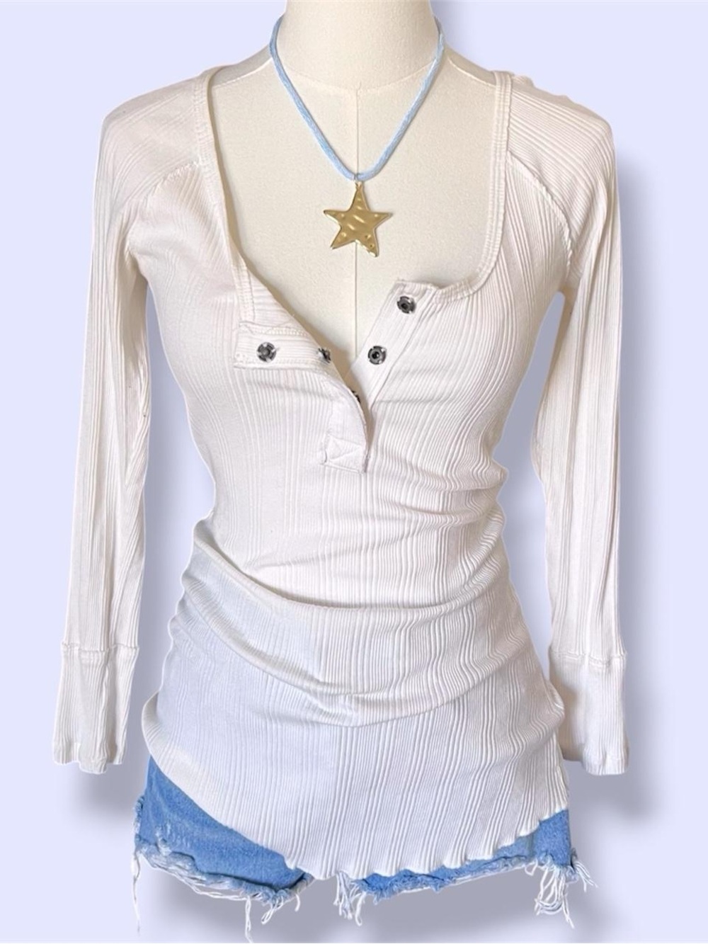 Free People We The Free White Long Sleeve Ribbed Henley Top 🤍
